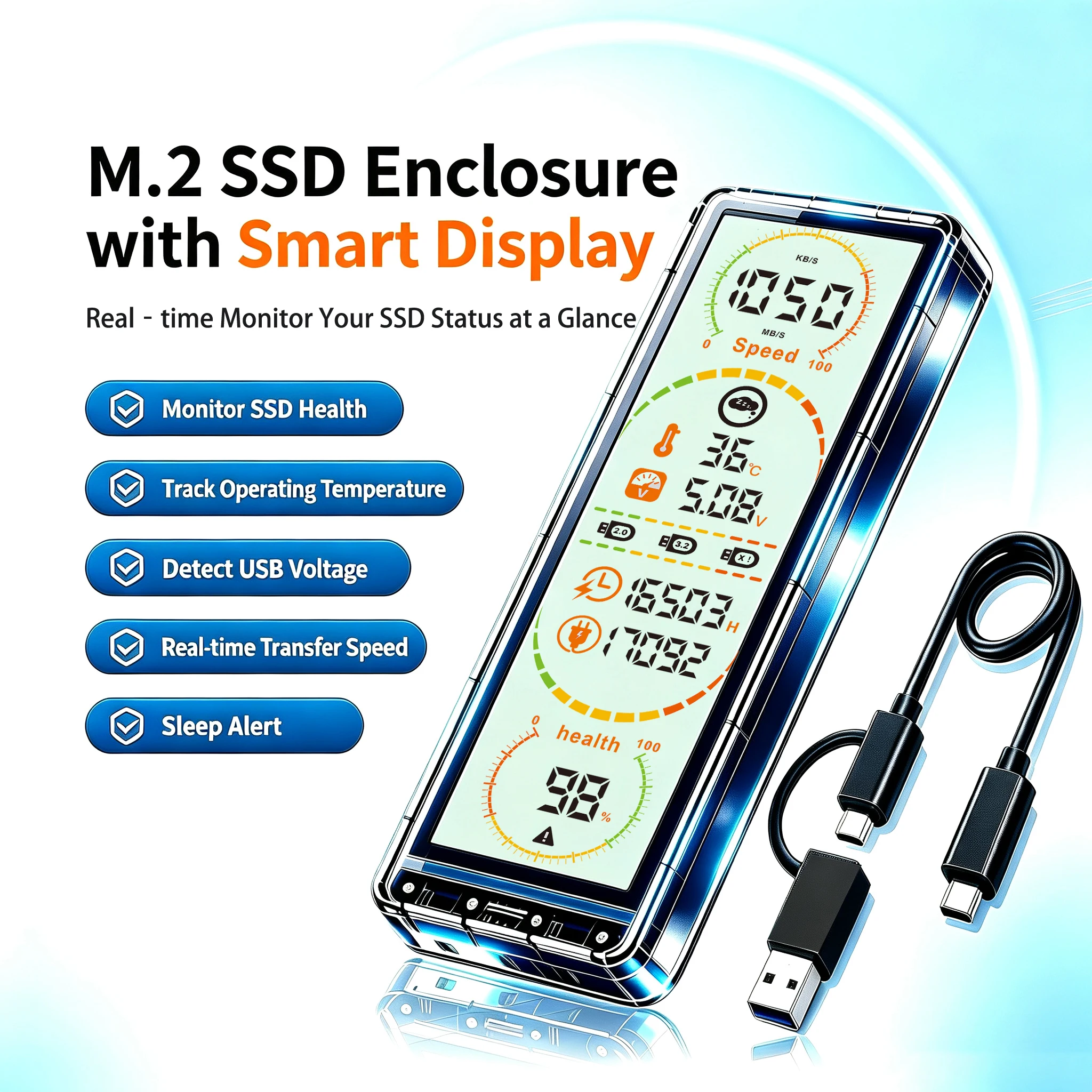 10Gbps Transparent M.2 SSD Enclosure with Built-in Smart Display USB 3.2 Gen2 Type-C External SSD Case,Supports NVMe & SATA Dual