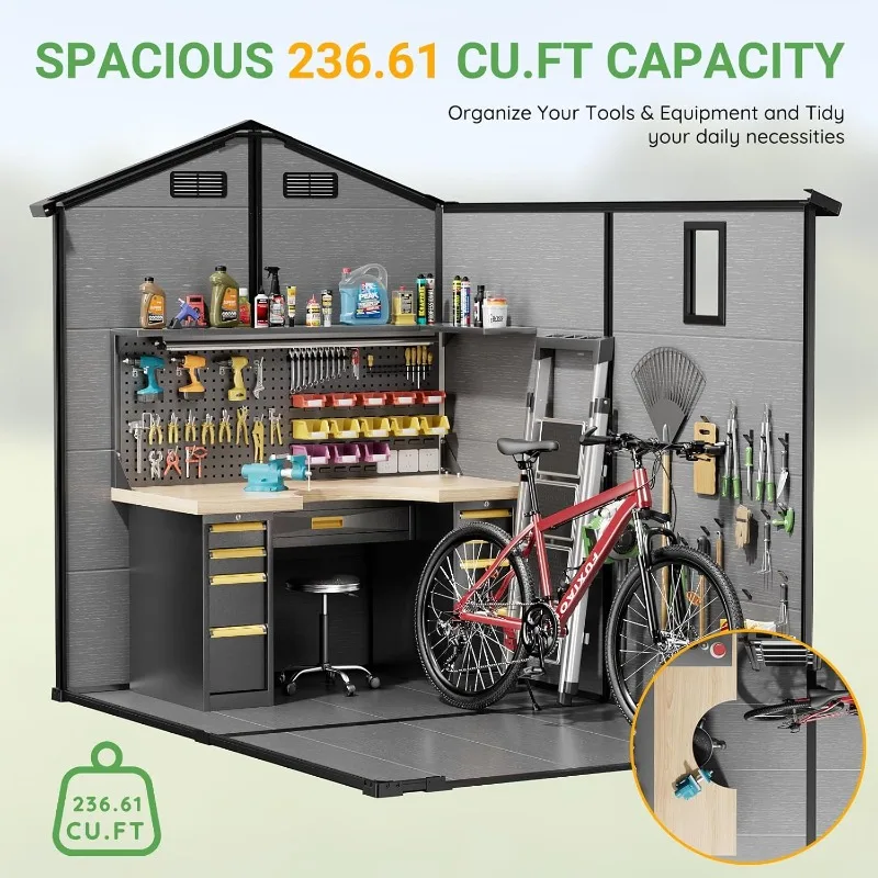 6x8 FT Plastic Outdoor Storage Shed with Floor, Spacious Backyard, Garden, Patio Resin Shed,  Organization, Grey & Black
