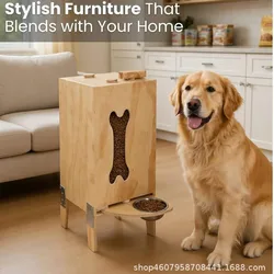 Comedero para perros de madera maciza con hueso y tapa hermética