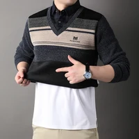 Winter New Fleece Sweater Men Thickened Pullover Striped Velvet Clothing Autumn Winter Crew Neck Jumpers Fashion Knitwear 2