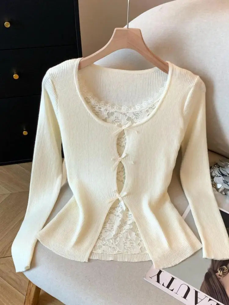 

Autumn Winter Vintage Patchwork Lace Hollow Out Bow Short Sweaters Women Elegant Long Sleeve Holiday Knitted Tops Popular Trendy