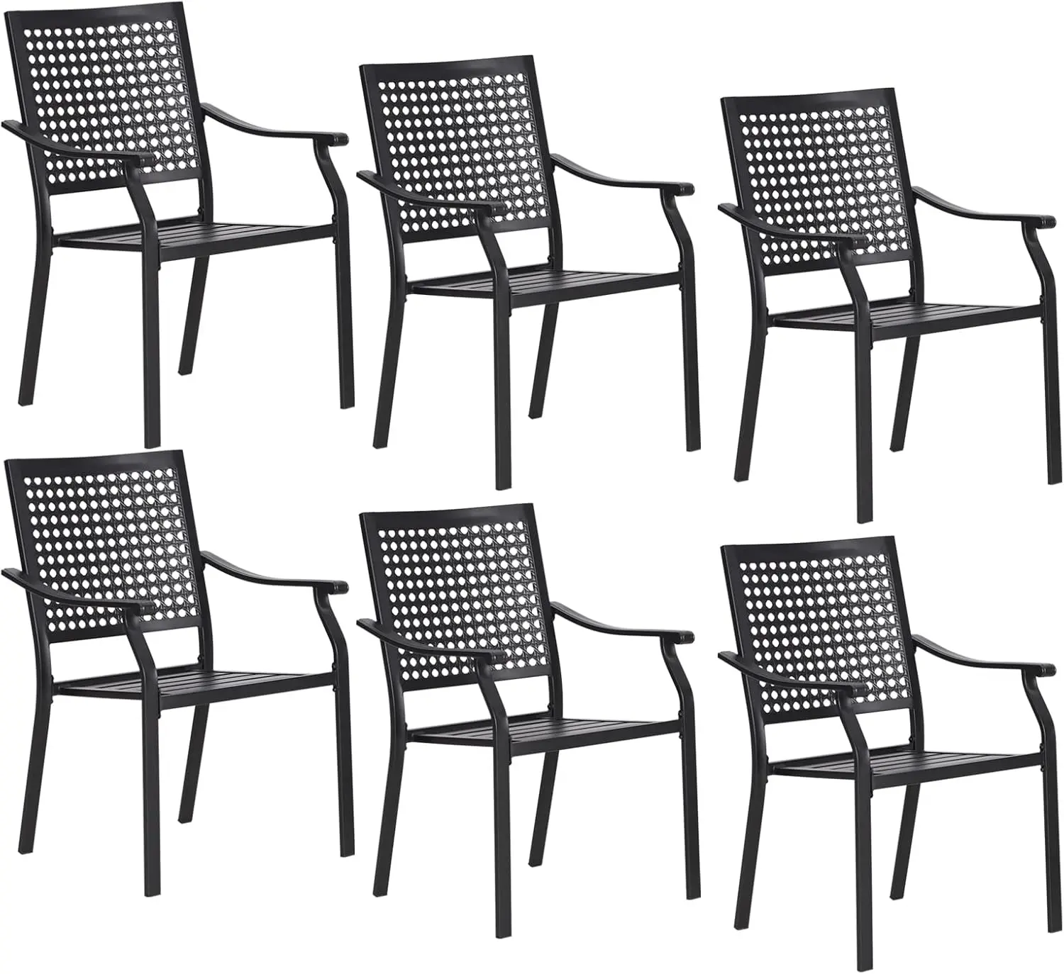 

6 Pcs Metal Stackable Patio Dining Chairs with Armrest Set of 6 Black Outdoor Dining Chairs with All Wrought Iron Frame