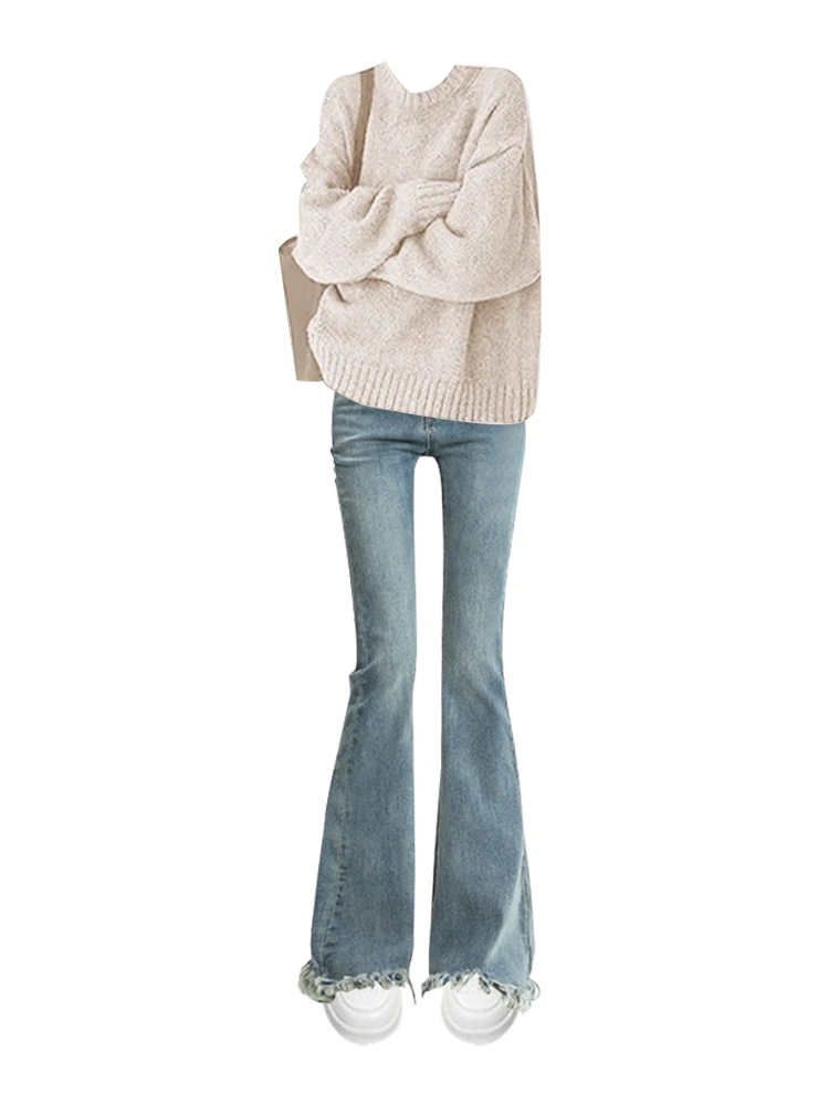 暖かいニットセーターとゆったりとしたジーンズのツーピースセット、ソフトベージュ、女性用、ハイウエストパンツ、ロング丈、快適なフィット感