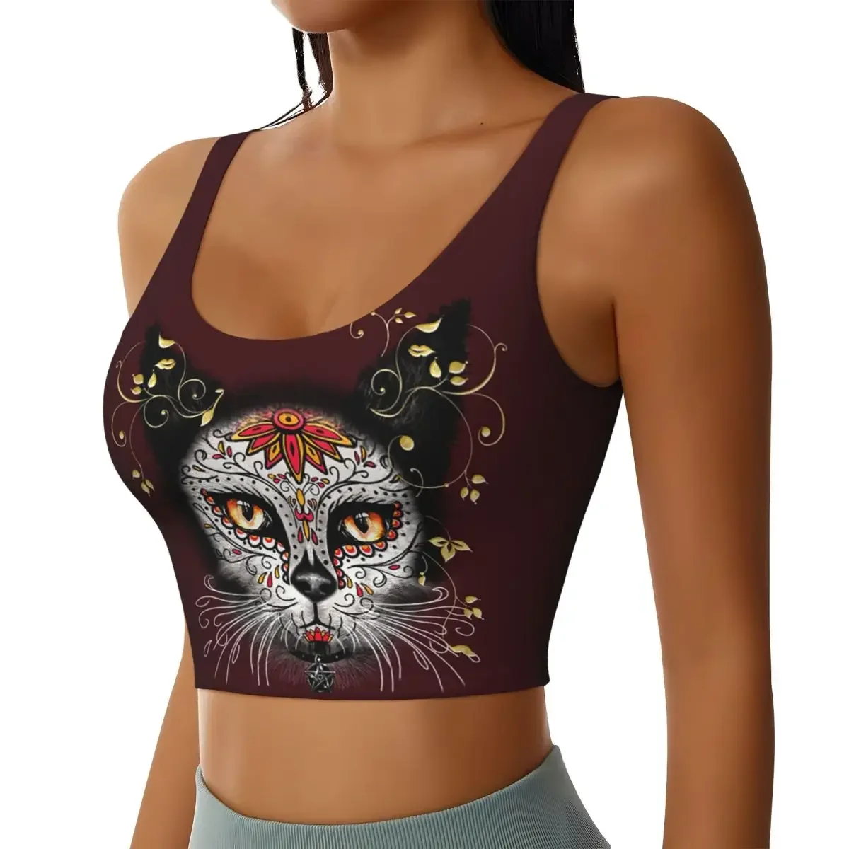 Custom Day Of The Dead Kitten Cat Sugar Skull Mexican Women Sports Bras High Impact Vest Gym Workout Yoga Crop Tank Top