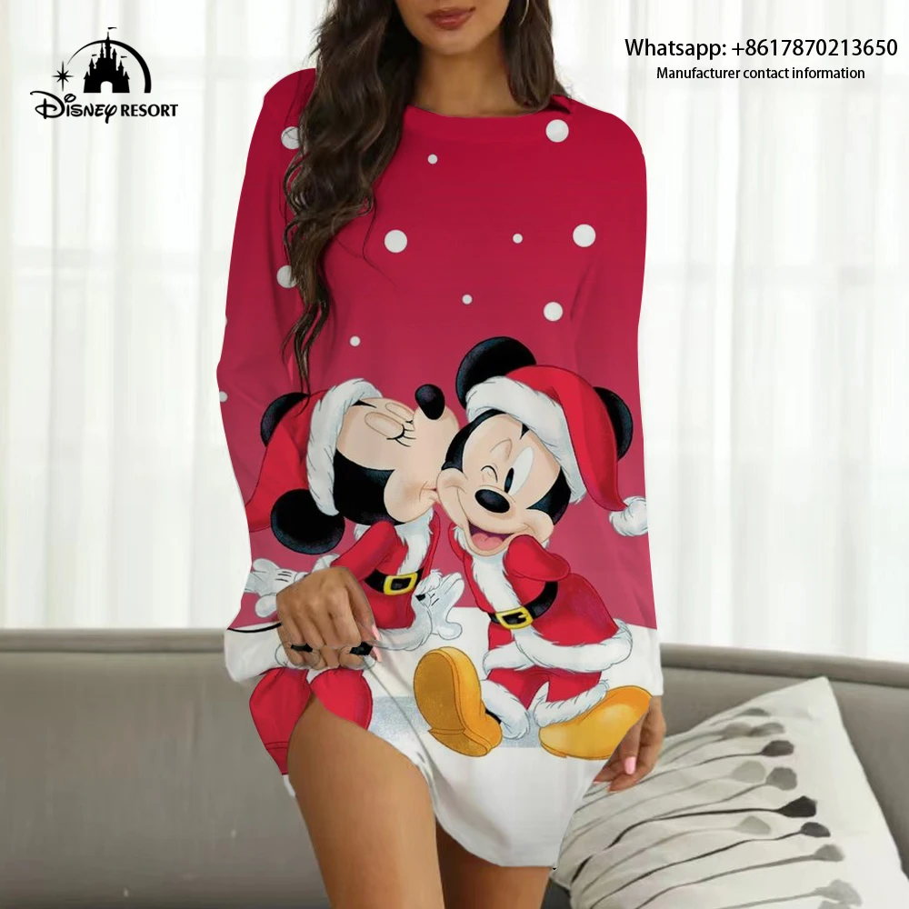 

Christmas Long Sleeve Home Dress Women's Round Neck Pullover to Knee Dress 3D Cartoon Print Home Dress