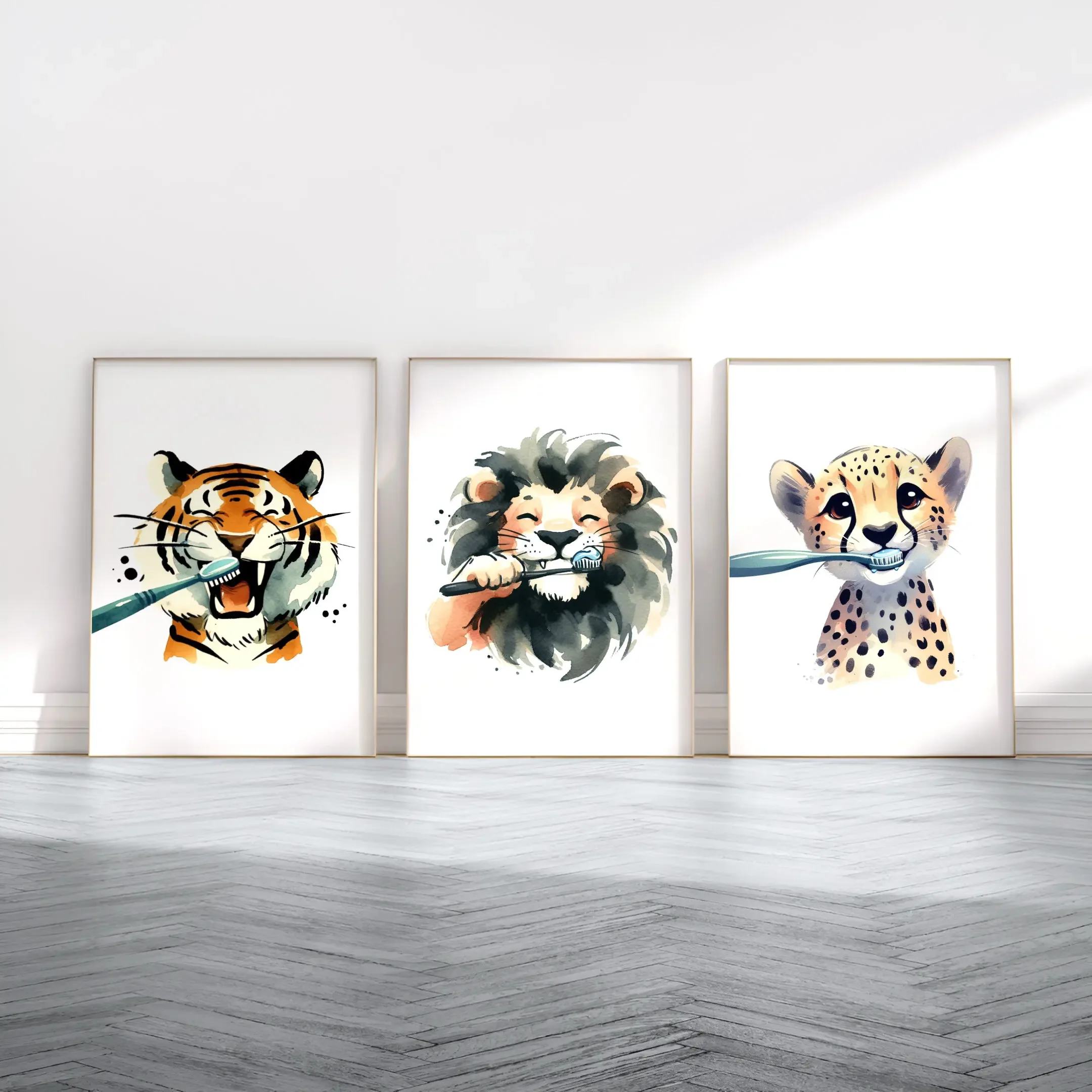 Multiple sizes 3pcs frameless Canvas Painting,3pcs Fun Animal Toothbrushing Posters Tiger, Lion, and Leopard Cleaning Their Teet