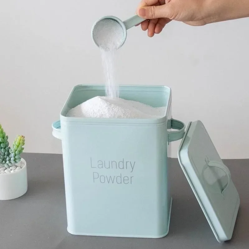 

3KG Washing Powder Barrel With Spoon Small Grain Storage Box Household Multifunction Iron Covered Barrel Nordic Wind
