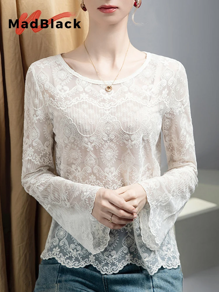 

Женская футболка MadBlack в европейском стиле, сексуальная, с вышивкой, с круглым вырезом, уличная мода, с длинным рукавом, прозрачная, свободного кроя, размеры S-3XL, новинка весны 2026, T63775CC