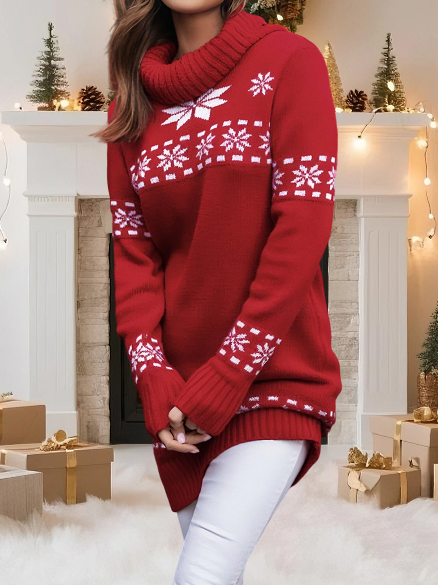 

Women s Festive Holiday Snowflake Print Turtleneck Sweater with Long Sleeves and Medium Length Pullover Knitwear