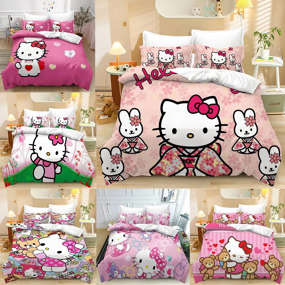 Hello Kitty Cute Print Bedding Sets Comforter Quilt Bed Cover Duvet Cover Pillow Case 2-3 Pieces Sets Kids Adult Size