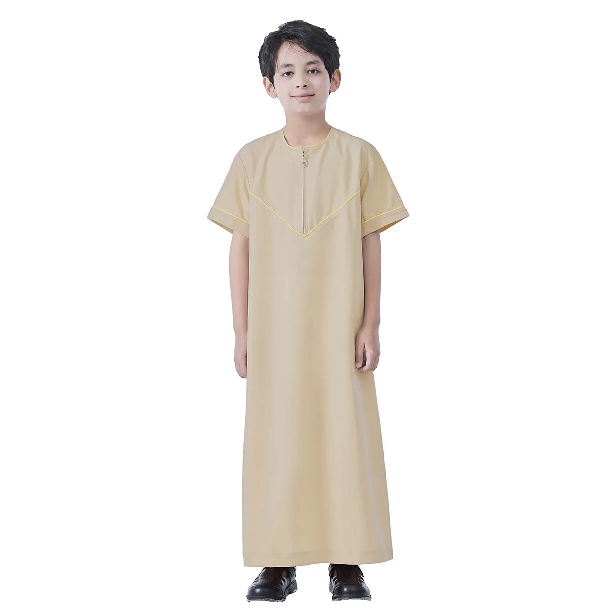 Ramadan Boys Jubba Thobe มุสลิมแฟชั่น Abayas ตะวันออกกลางอาหรับ Kaftan แขนสั้น Robe ดูไบเสื้อผ้าอิสลามเด็กชุดยาว