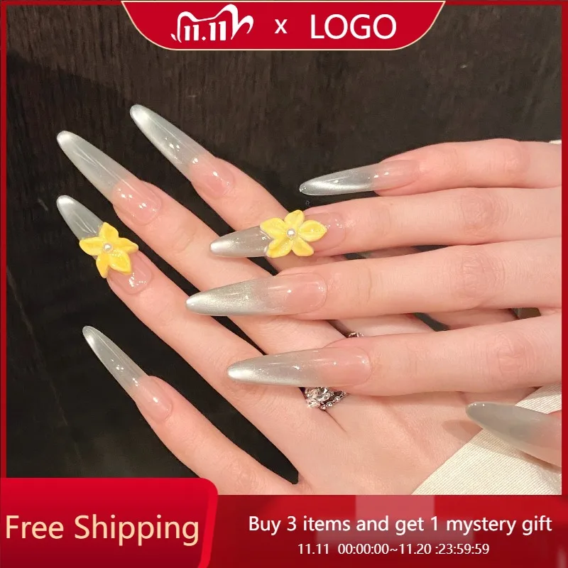 

10pcs Handmade Nails Gradient Mint Green Premium Summer Floral Long Pointed Press-On Nails Perfect Gift for Women and Friends