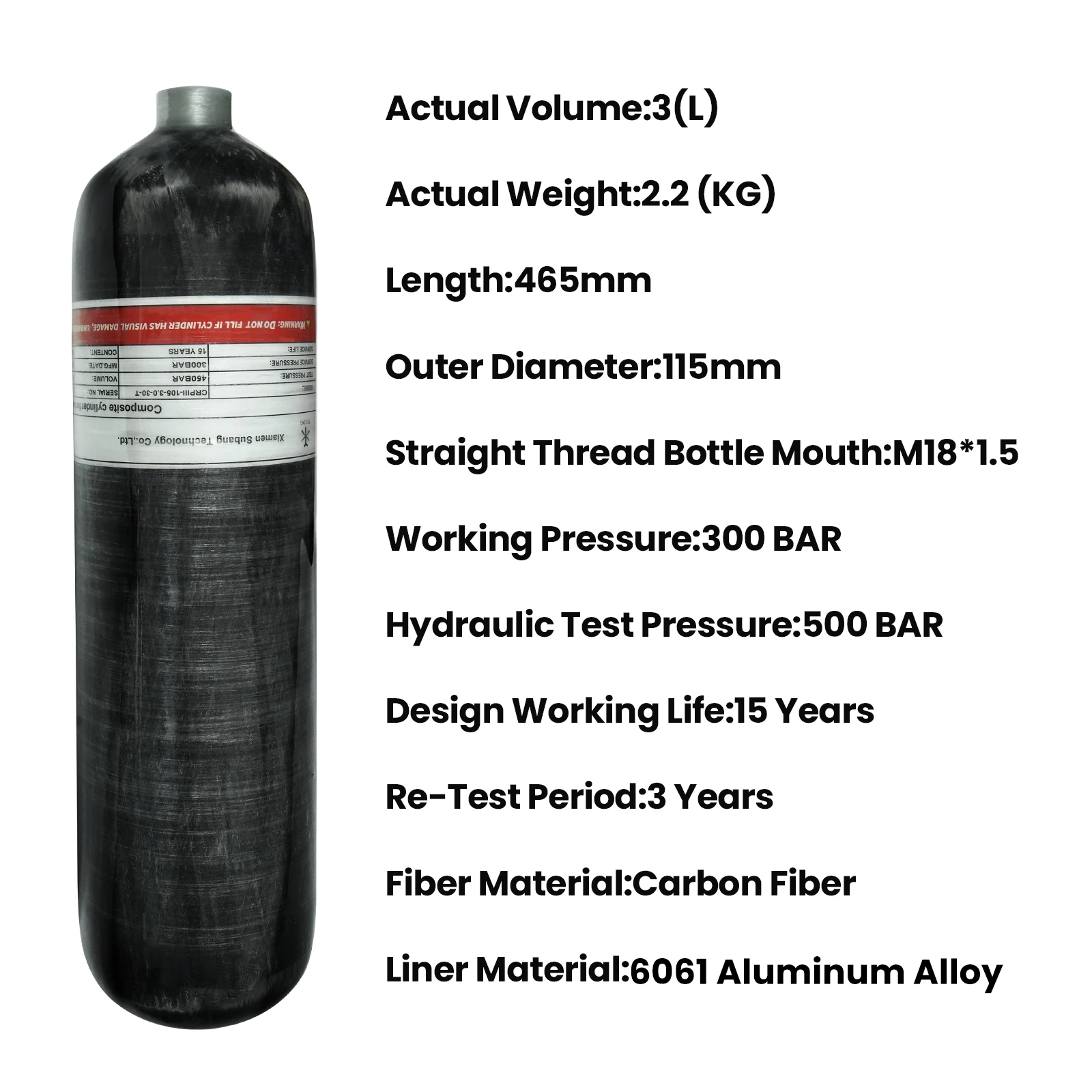 TUXING 3L 4500Psi 300Bar 30Mpa High Pressure Air Tank Carbon Fiber Cylinder Scuba Diving Tank Air Bottle M18 * 1.5 Thread