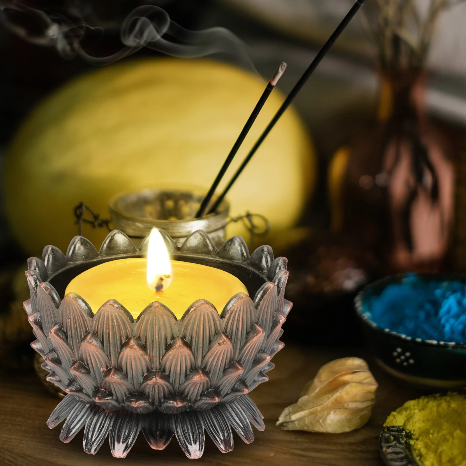 

Creative Lotus Design Alloy Craft Candleholder Religious Butter Lamp Base Home Use Desktop Stand