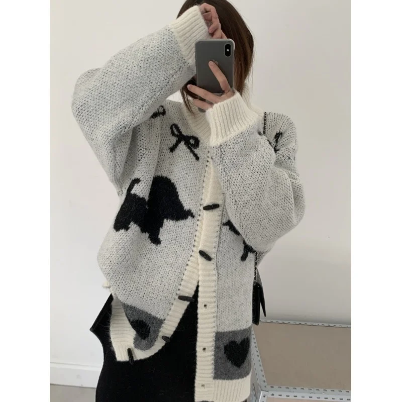 Chique retro preguiçoso sle casaco de malha feminino com botão design solto longo thiened cardigan para primavera outono inverno