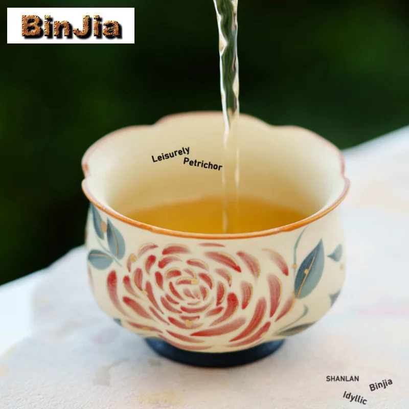 90ml Hand Painted Rose Teacup Zen Tea Bowl Cute Cup Tea-tasting Smelling Cup Jianzhan Master Cups Household Cafes Supplies