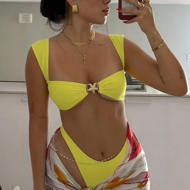 Nowy Zestaw Bikini Damski Sexy Prosty Jednolity Żółty Wiązany na Szyi Push Up Bikini Styl Y2k Strój Kąpielowy Sznurowany Brazylijski Strój Plażowy