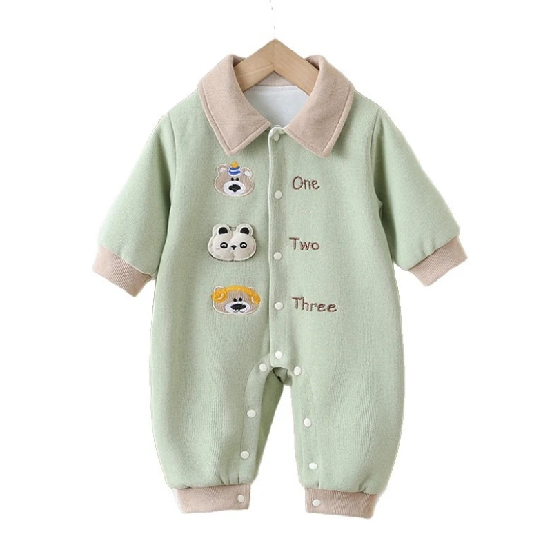 

Комбинезон унисекс с воротником-поло для мальчиков и девочек на весну и осень, комбинезон с милой головой медведя и надписью, боди с длинными рукавами на Хэллоуин