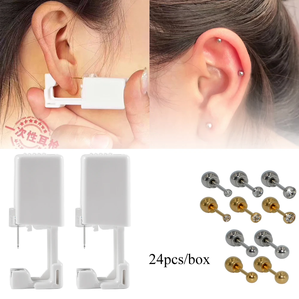 

24pcs/Pack Disposable Easier Safe Sterile No Pin Ear Piercing Gun Units Cartilage Tragus Helix Stud Piercer Tool Machine Kit