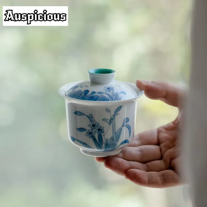

100ml Pure Hand-painted Full-color Orchid Ceramic Tea Tureen Anti-scalding Tea Maker Cover Bowl With Lid Gaiwan Kung Fu Tea Set