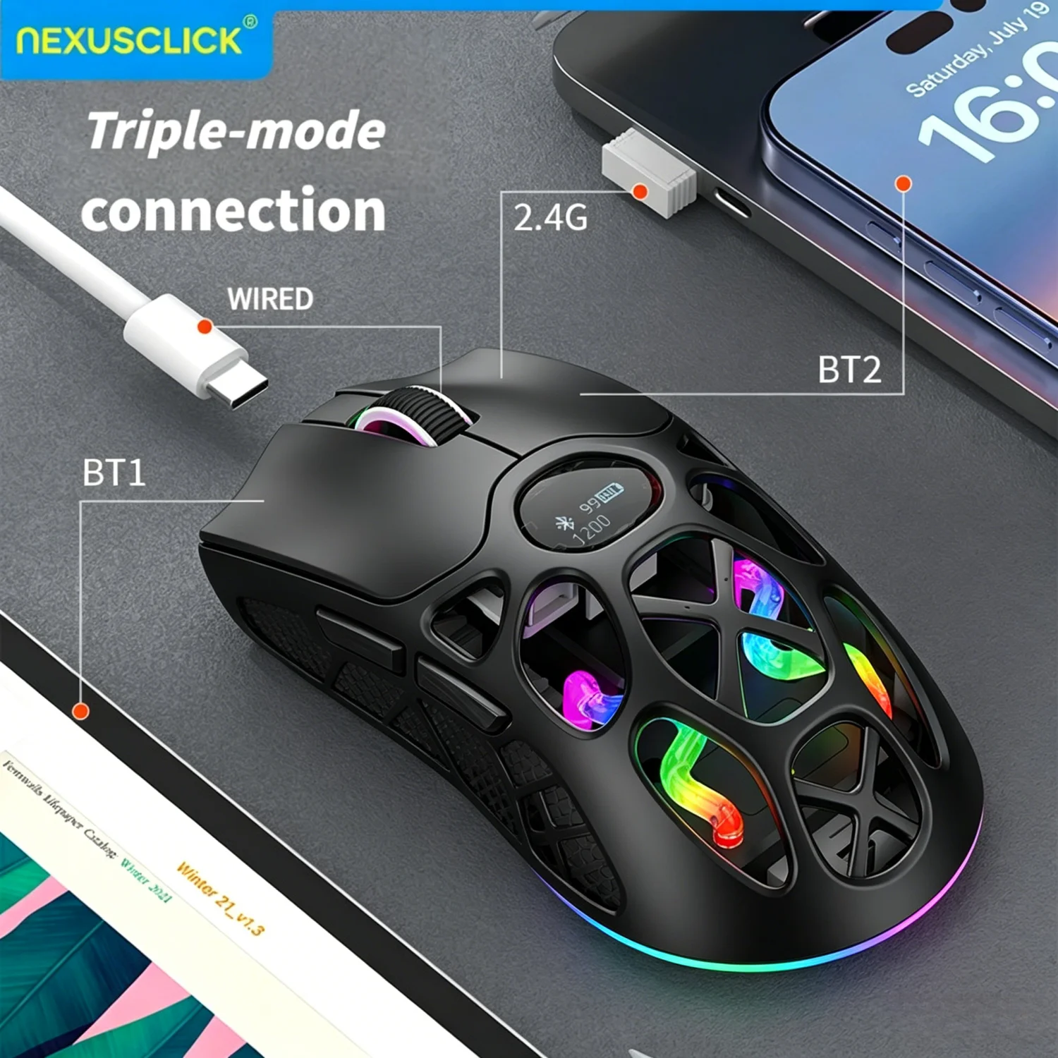 NexusClick H16PRO Wireless mouse, three-mode connection 2.4GHz/ wired/Bluetooth 1000HZ 12000DPI RGB magnetic charging dock mouse