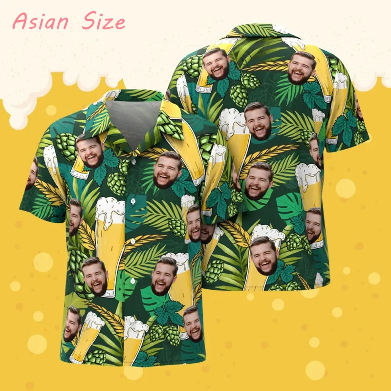 

Personalized Face Photo Beer Shirts For Men Clothing Custom 3D Print Hawaii Beach Shirt Y2k Top Camisa Lapel Short Sleeve Blouse