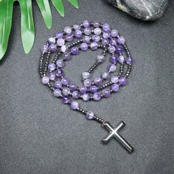 Natural Amethyst String Beads Necklace For Women Catholic Christ Rosary Necklaces Men Hematite Crosses Pendant Necklace Jewelry