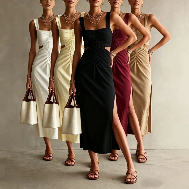 New Summer European Vacation Style Pleated Waist-tight Cami Dress, Elegant Side Slit Slimming Maxi Dress For Women Beach Trip