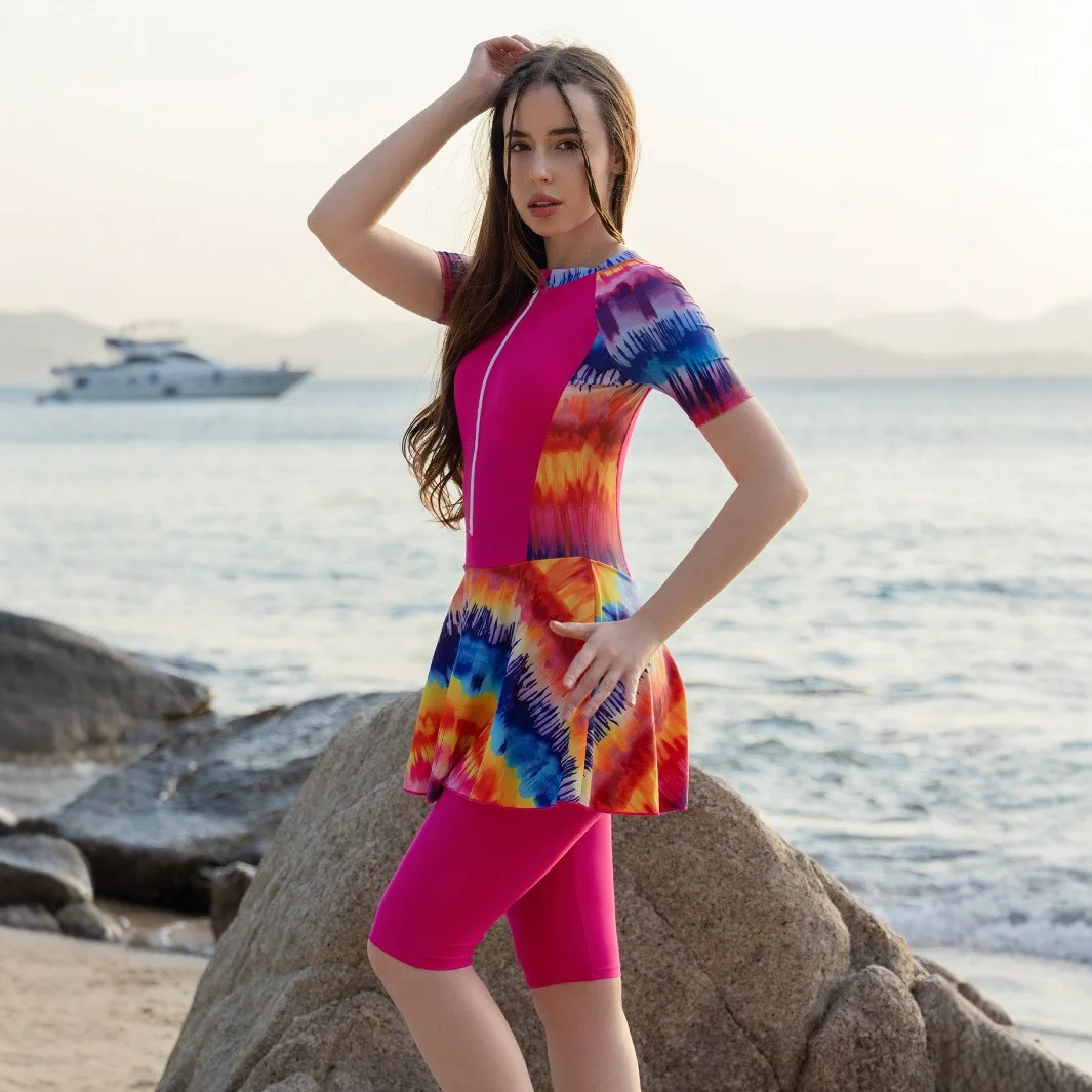 2Pcs Short Sleeve Zipper Swim‑Dress Swimsuit Printed Flare Skirt Knee‑Length Pants UV Protection Conservative Beach Bathing Suit