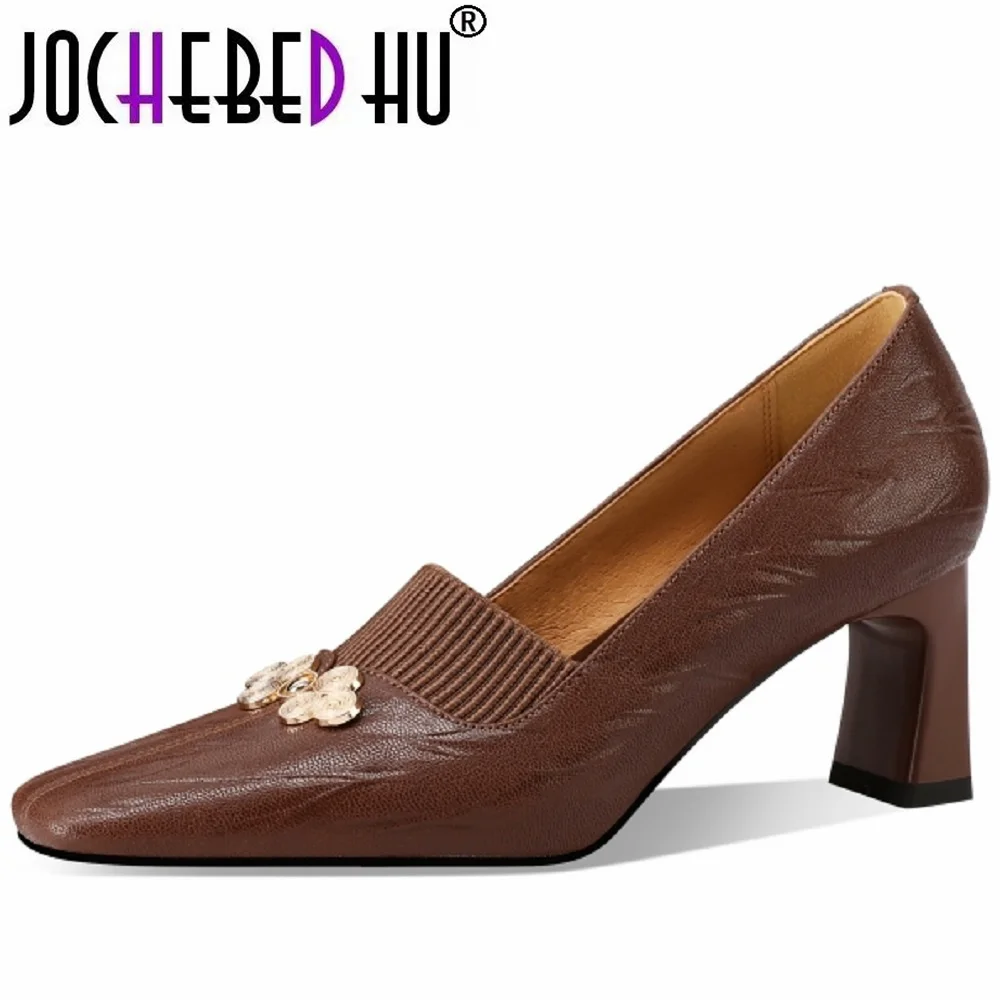 【JOCHEBED HU】Fashion Square Toe Women Full Genuine Leather Pumps Thin Heels Slip On Solid Color Dress Party Shoes Handmade 33-43