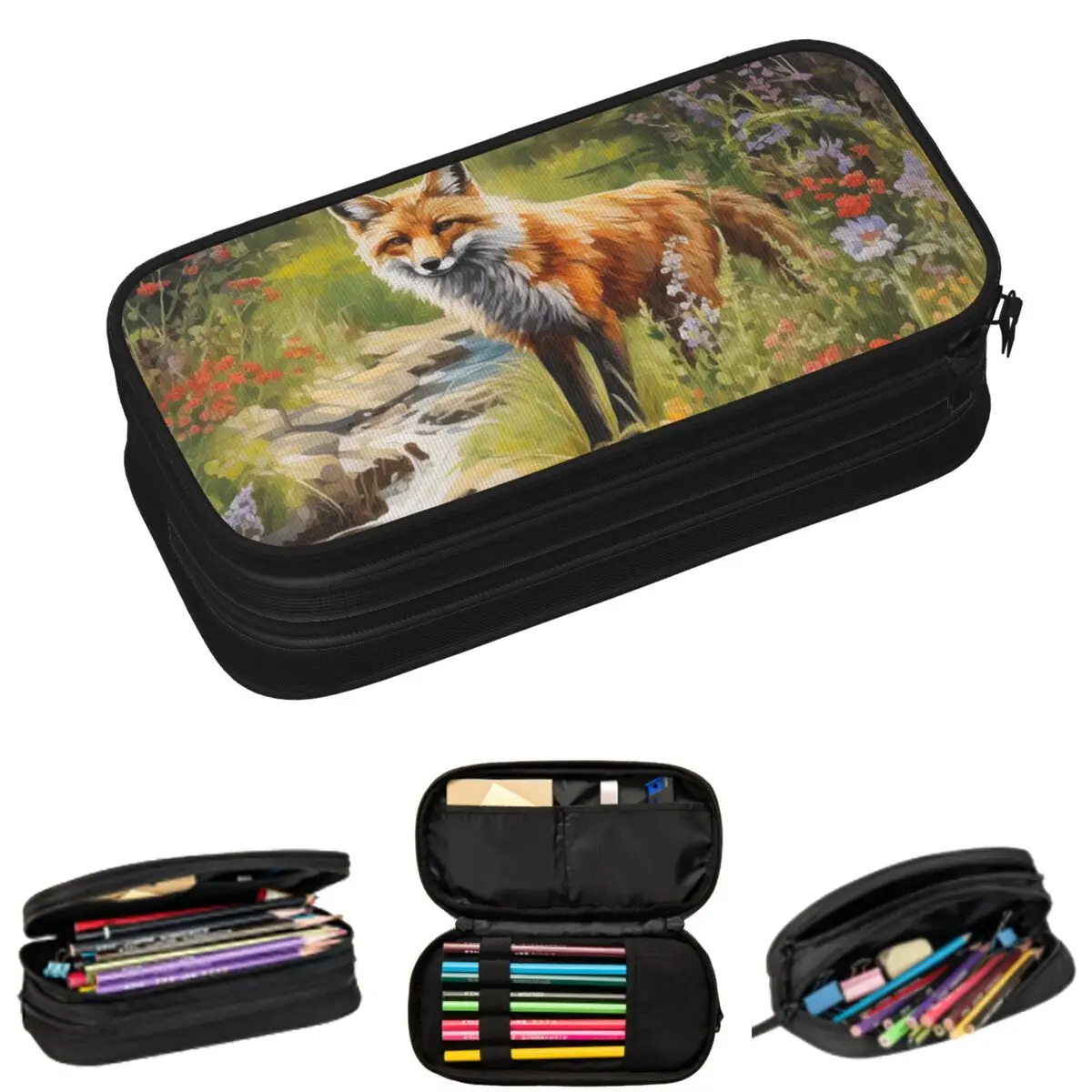 

Fox In The Meadow Vibrant Floral Pencil Cases for Students Gifts Pen Box Pencil Bag Large Storage Pencil Pouch