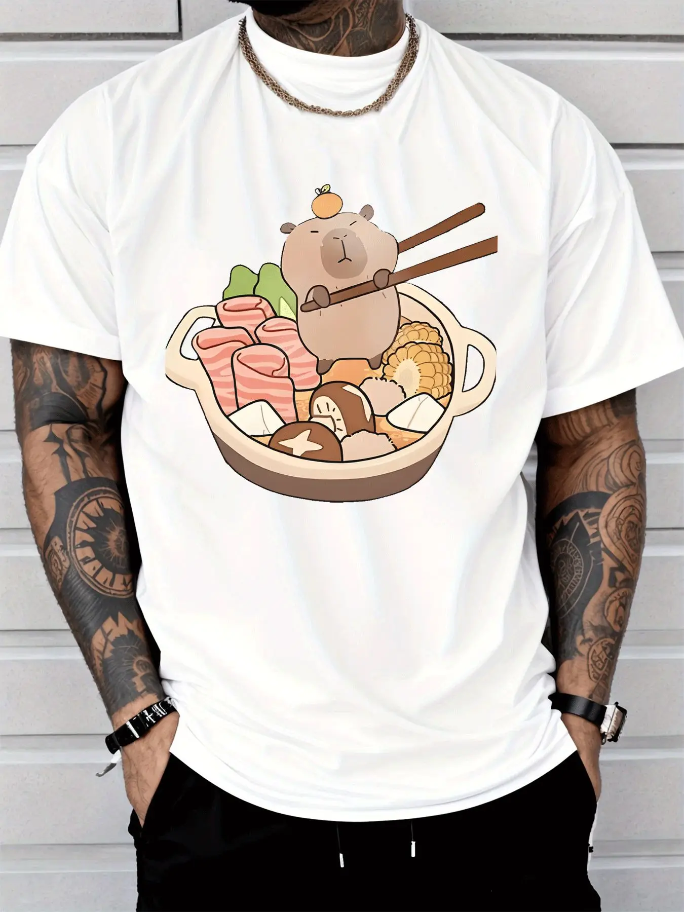 Cute Capybara In Hot Pot With Chopsticks Men Print T Shirt Funny Food Animal Graphic Tee Casual Short Sleeve Top Food Lover Gift