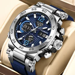 FOXBOX Sports Mens Watches 5ATM Waterproof Dual Display Quartz Wristwatch Chronograph Alarm Date Week Watch Man Silicone Strap