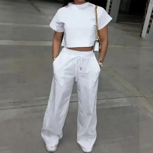 2025 신상 여성 투피스 세트, 세련된 라운드넥 반팔 상의와 하이웨이스트 팬츠 세트