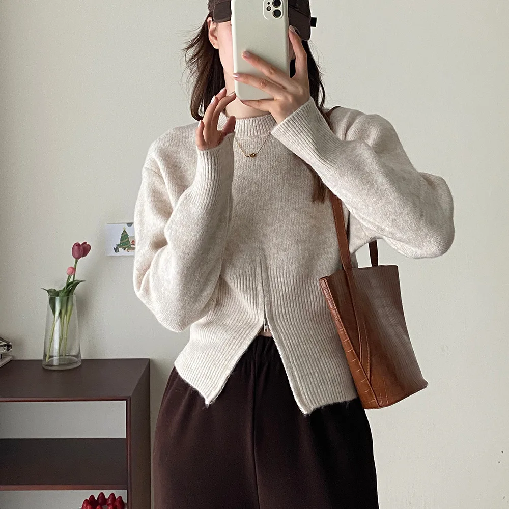 Knitted Women Pullovers Sweater Solid Jumpers Zipper Round Neck Long Sleeves Fitted Waist Loose Fit Casual Autumn Winter 2025