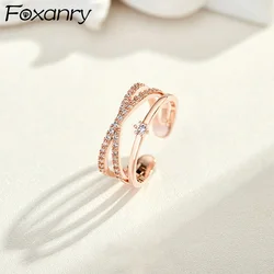 Foxanry Sparkling Zircon Lines Crossed Rings For Women Girls Simple New Fashion Temperament Exquisite Wedding Bride Jewelry Gift