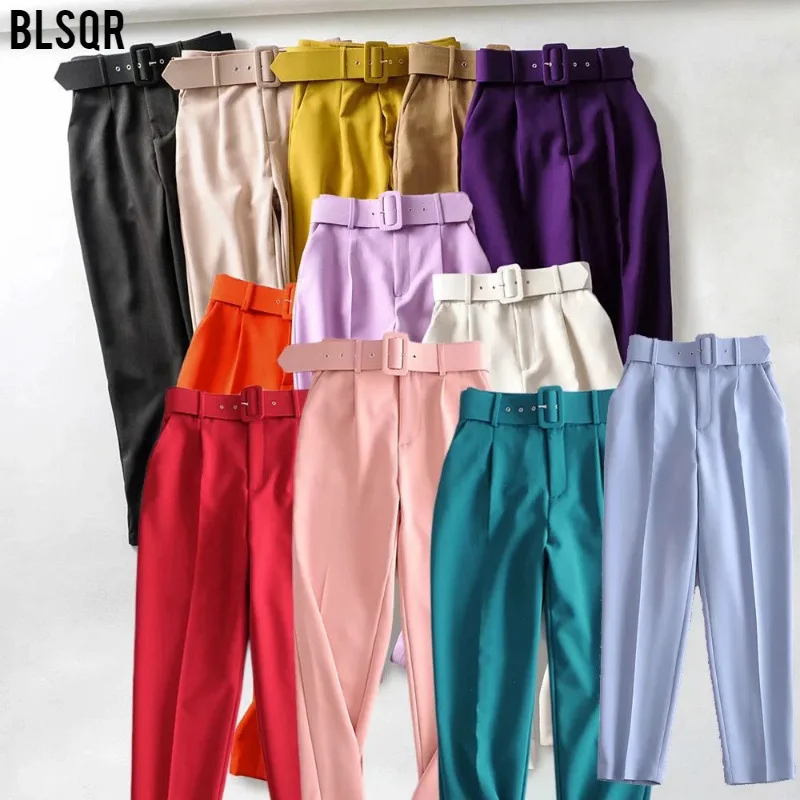 

New Style Women's Slim Fit Belt Accessory High Waist Casual Yellow Nine-Point Pants A8GS317