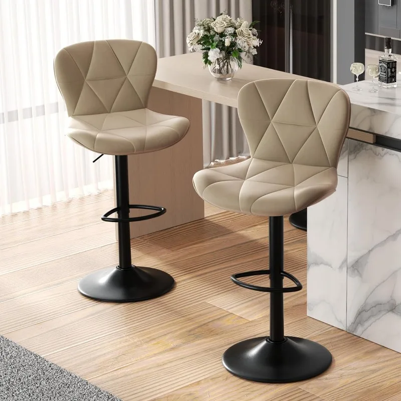 Modern Bar Stool Set of 2, Adjustable Faux Leather Upholstered Swivel Counter Stools, Counter Height Barstools with Back