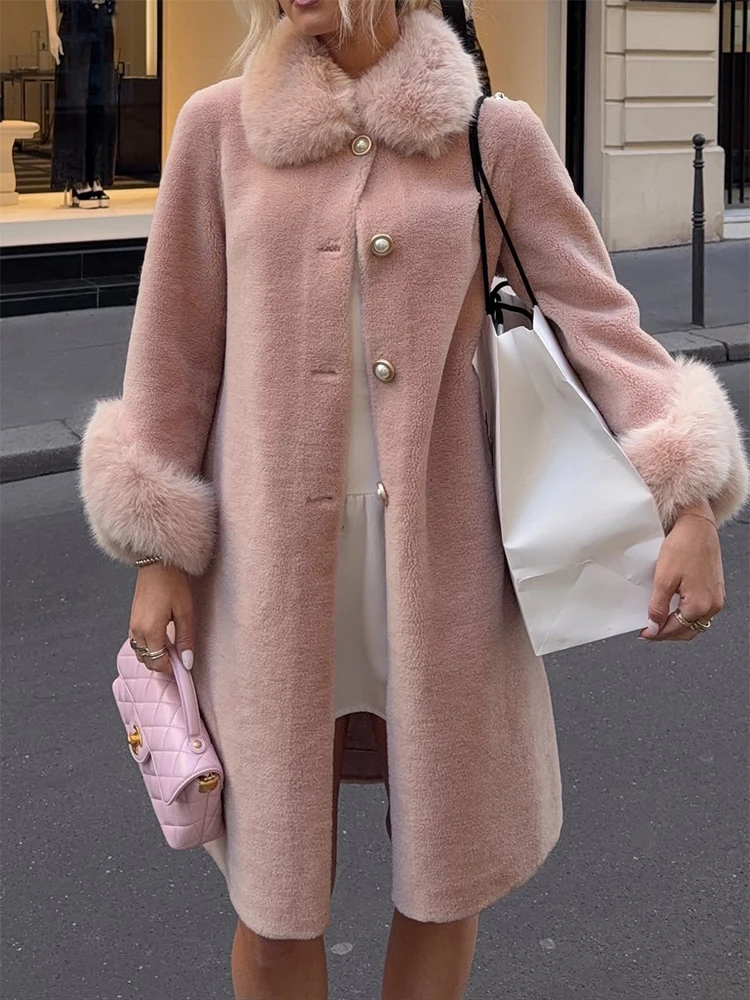 Trendix أنيقة فو الفراء طوق معطف المرأة الشتاء ضئيلة المرقعة جيب دافئ خندق الشارع عادية طويلة فو الثعلب الفراء ملابس خارجية