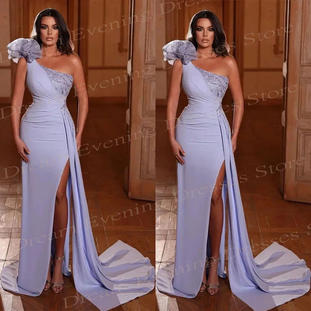 2024 Graceful Purple Women's Mermaid Pretty Evening Dresses Modern One Shoulder Prom Gowns Sexy High Side Split Robes De Soirée