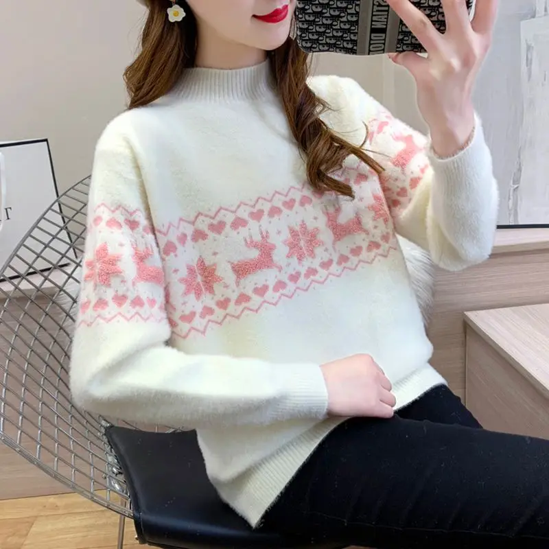 

Pullover mink wool sweater autumn and winter women knitting top half high collar women 2023 casual long sleeve pullover sweater