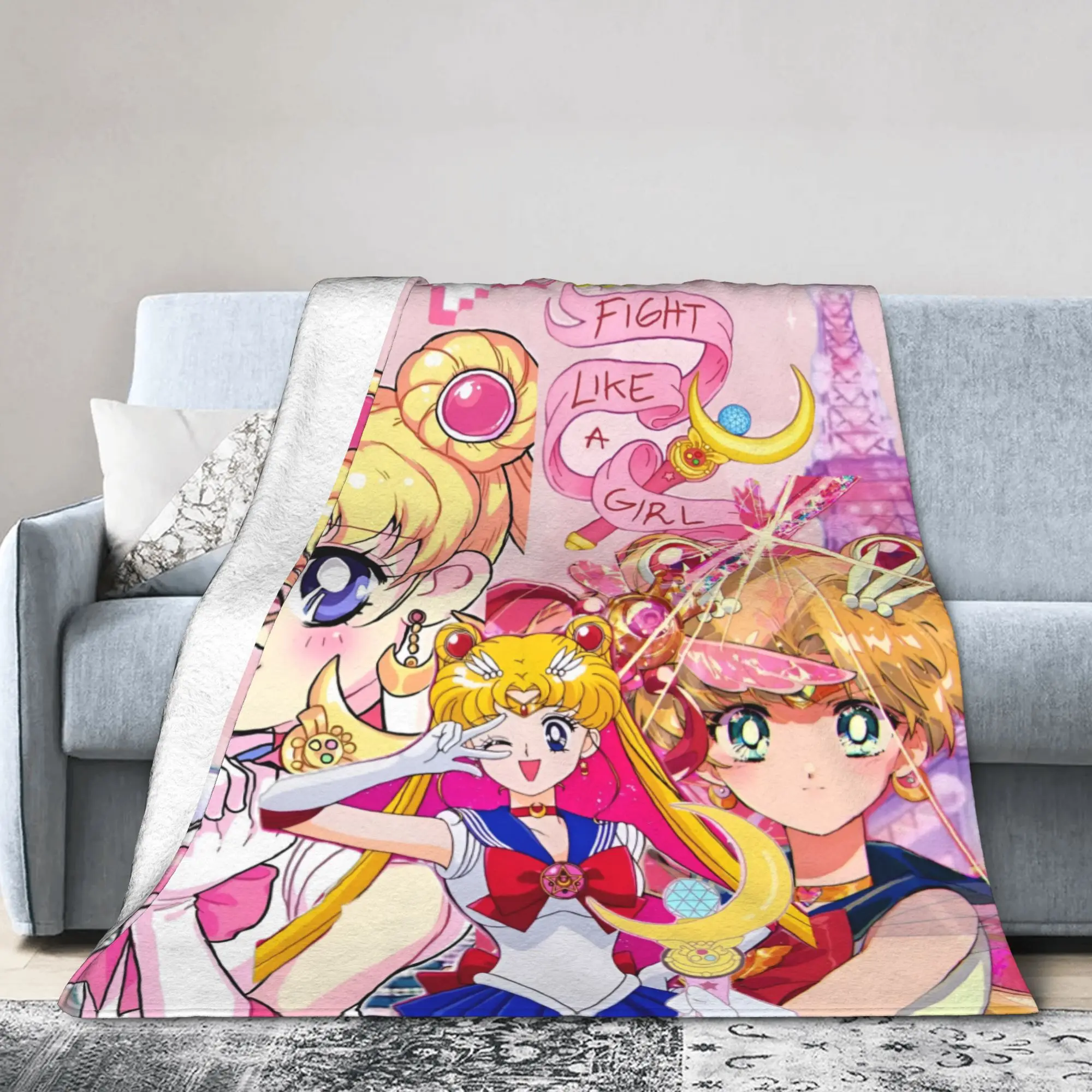 Custom Sofa Fleece S-Sailors M-Moons Japan Comic Throw Blanket Warm Flannel  Blankets for Bedding Travel Couch Quilt