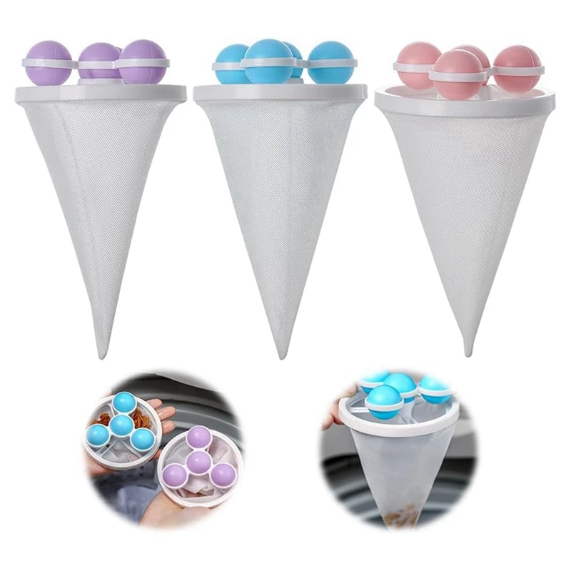 3Pcs Floating Hair Filtering Mesh Removal, Reusable Washing Machine Hair Filter Cleaning Mesh Bag Pet Hair Remover