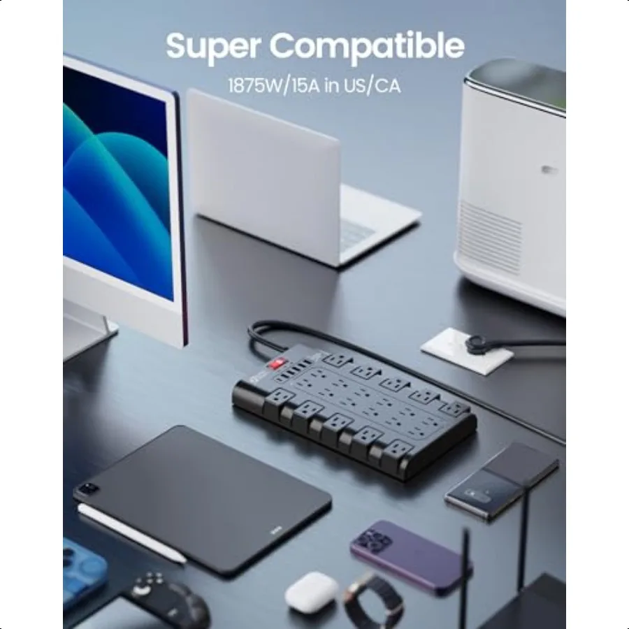 قطاع الطاقة ERDANNY Surge Protector مع 22 منفذ تيار متردد و6 منافذ شحن USB 1875 وات 15 أمبير 2100 جول 6.5 قدم قابس مسطح ثقيل