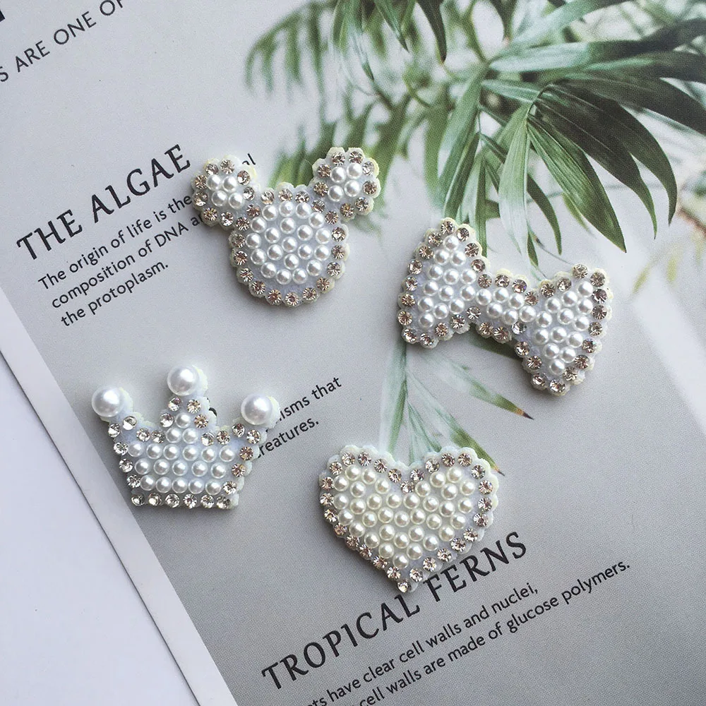 

5pcs Small Bow Heart Crown Diamond Pearl Rhinestone Patches Handmade Phone Case Charms Cool Bling Patch Applique for Clothing