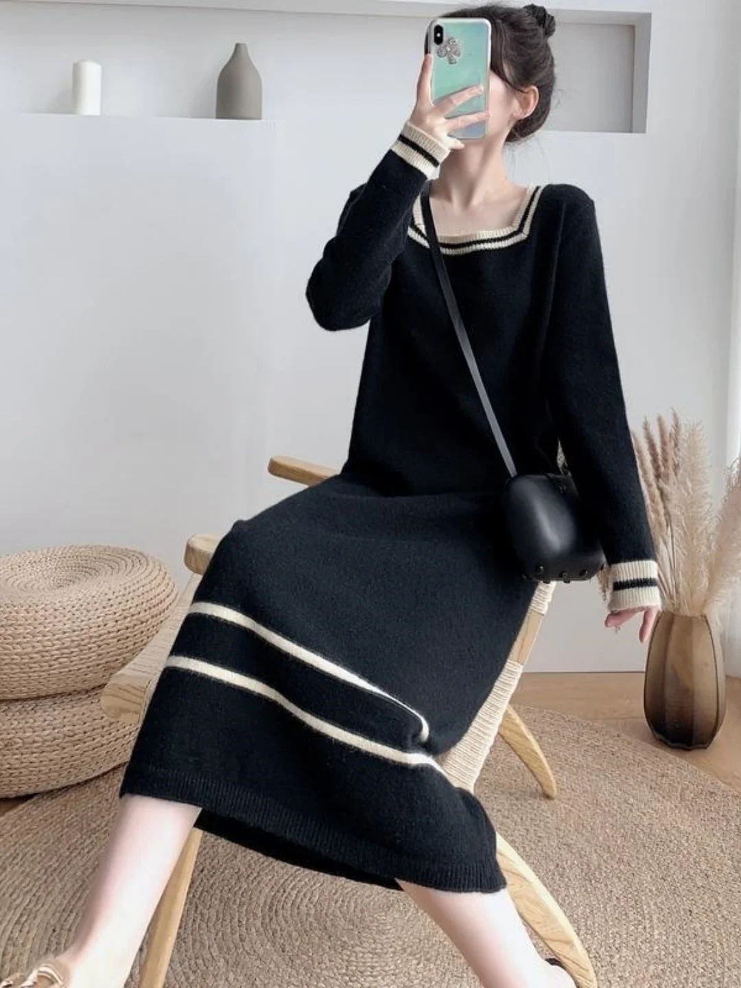 

Вязаное платье большого размера с длинным рукавом для осени и зимы, модное, базовое, до колена, с квадратным вырезом, для повседневной носки