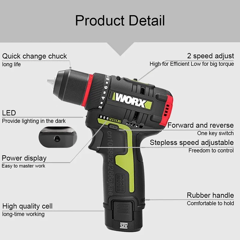 Worx WU130X Wireless Electric Drill Brushless 1800rpm 40Nm BareTool or With One Battery and 1 Charger Univeral 12v Platform