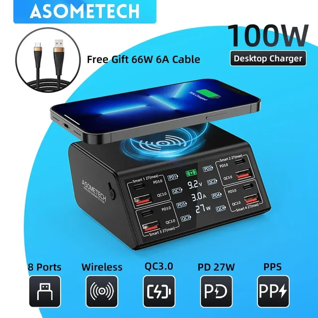 Ładowarka USB 100 W QC PD3.0 Ładowarka bezprzewodowa Szybkie ładowanie 8-portowa ładowarka Szybka ładowarka Stacja ładująca do iPhone'a 12 13 Xiaomi