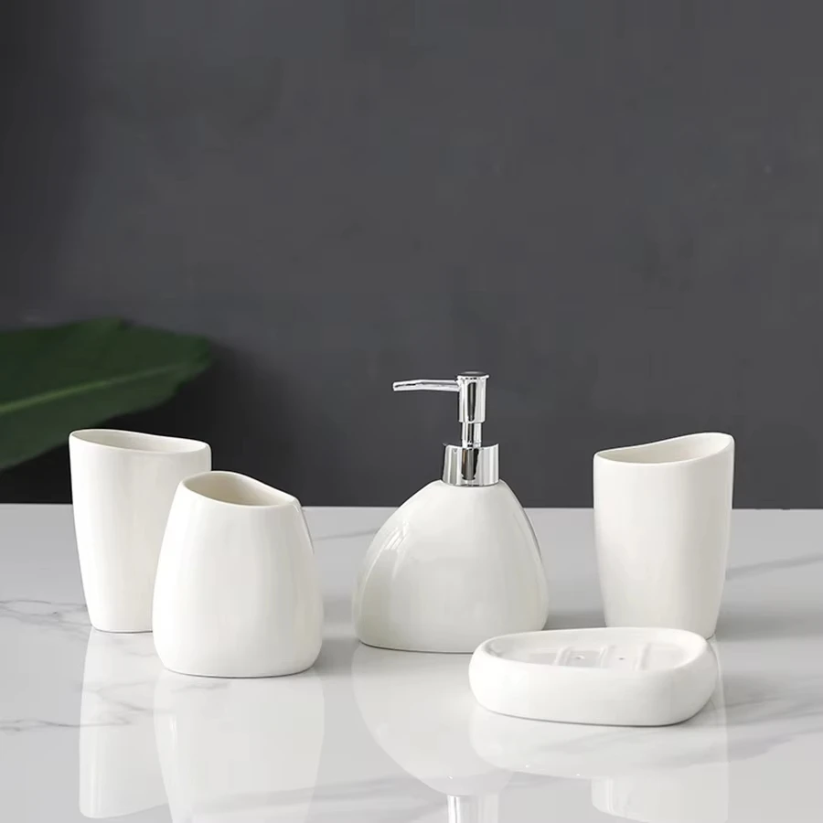 Nordic Bathroom Wash Accessory White Ceramic Soap Dispenser Bottle Mouthwash Cup Soap Dish Toothbrush Cup