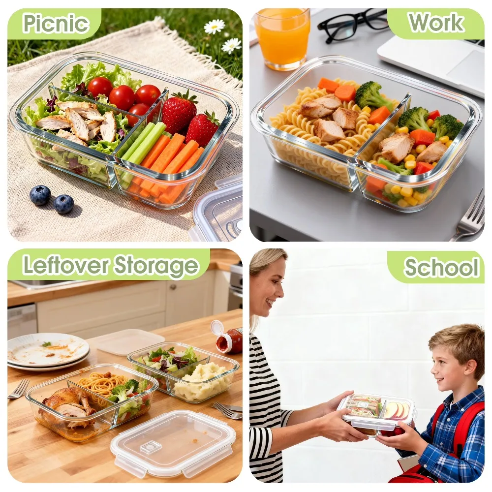 Glass Food Storage Containers with Dividers 8-Piece Meal Prep Set Leak-Proof Bento Lunch Boxes Microwave Oven Dishwasher Freezer Safe Glass Tupperware view 6